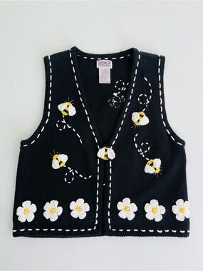 PBJ Vintage 90s Black Knit Garden Bees Embroidered Daisy Woman’s Sweater Vest